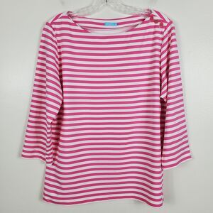 J Mclaughlin Catalina Cloth Striped Top Button Shoulder 3/4 Sleeve Pink White XL